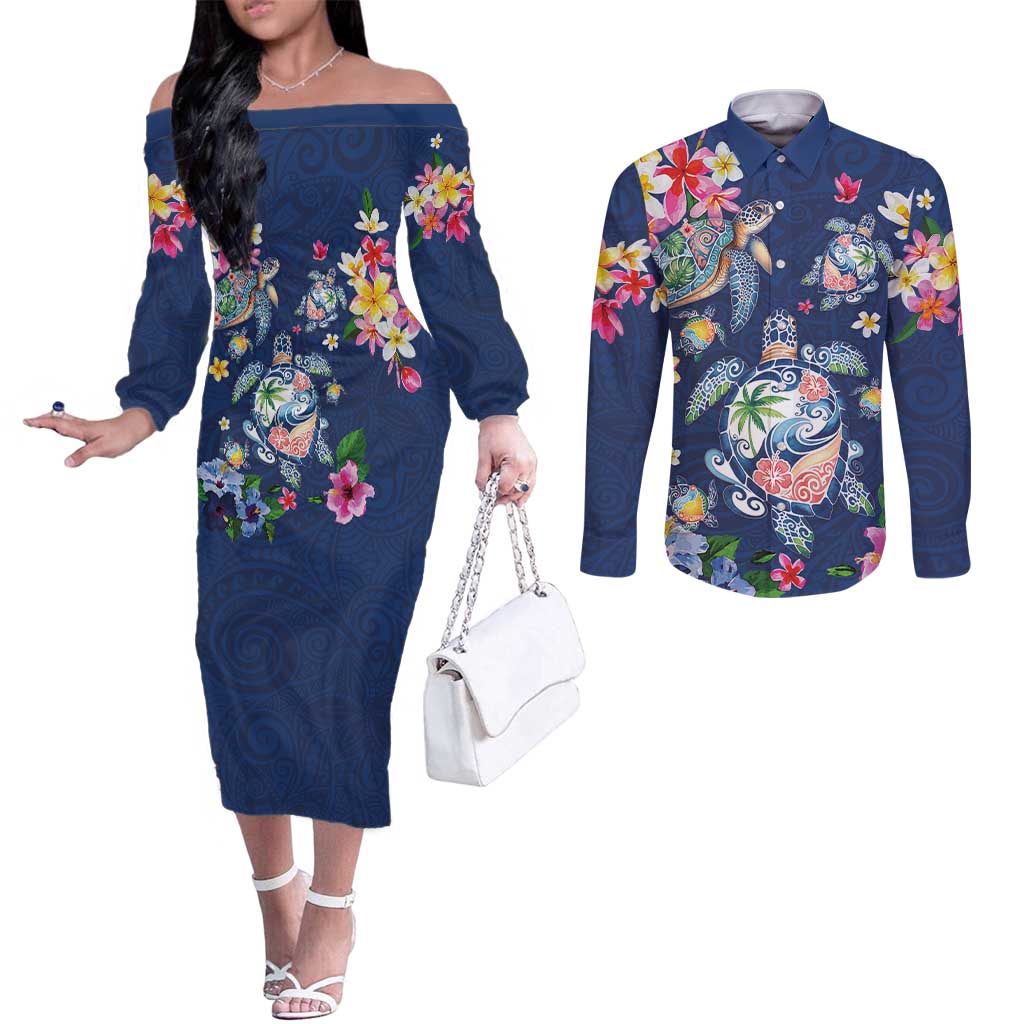 Hawaiian Turtles and Tropical Plants Couples Matching Off The Shoulder Long Sleeve Dress and Long Sleeve Button Shirt Blue Watercolor