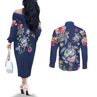 Hawaiian Turtles and Tropical Plants Couples Matching Off The Shoulder Long Sleeve Dress and Long Sleeve Button Shirt Blue Watercolor