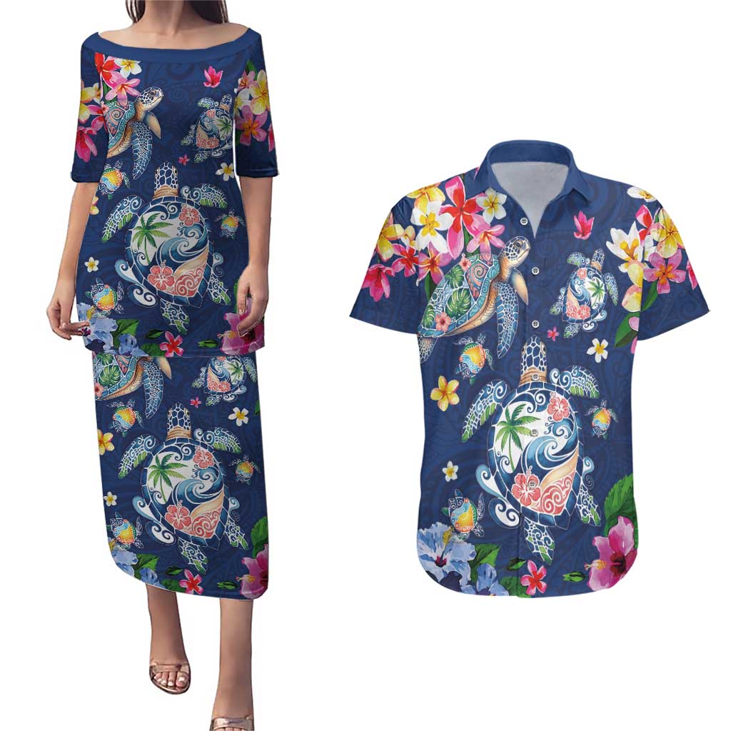 Hawaiian Turtles and Tropical Plants Couples Matching Puletasi and Hawaiian Shirt Blue Watercolor