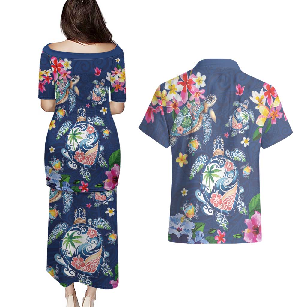 Hawaiian Turtles and Tropical Plants Couples Matching Puletasi and Hawaiian Shirt Blue Watercolor