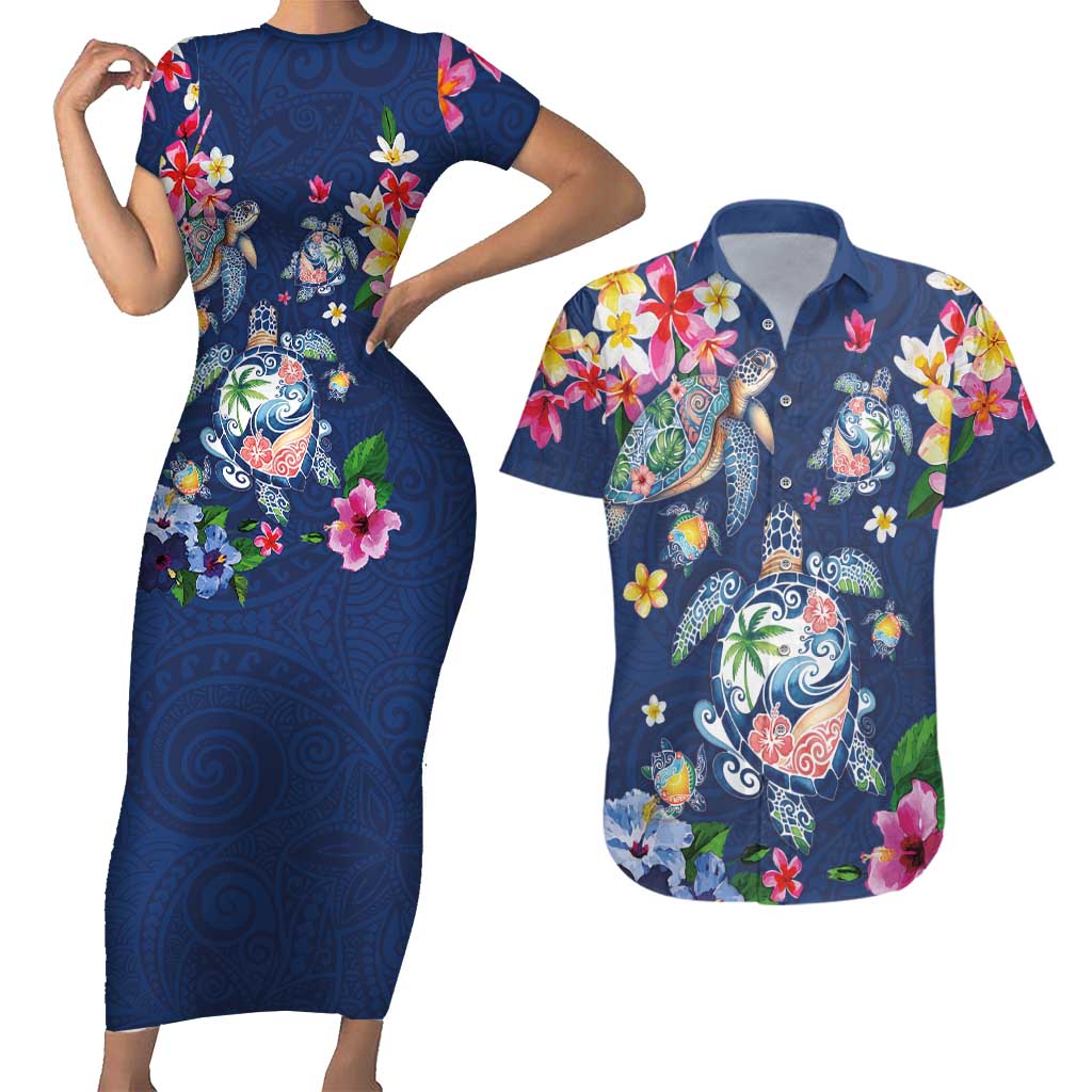 Hawaiian Turtles and Tropical Plants Couples Matching Short Sleeve Bodycon Dress and Hawaiian Shirt Blue Watercolor