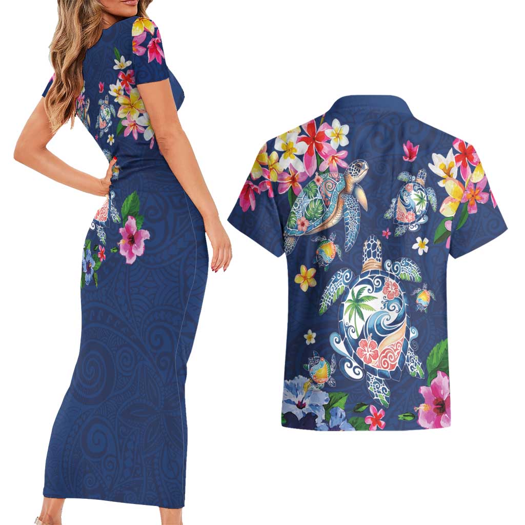 Hawaiian Turtles and Tropical Plants Couples Matching Short Sleeve Bodycon Dress and Hawaiian Shirt Blue Watercolor