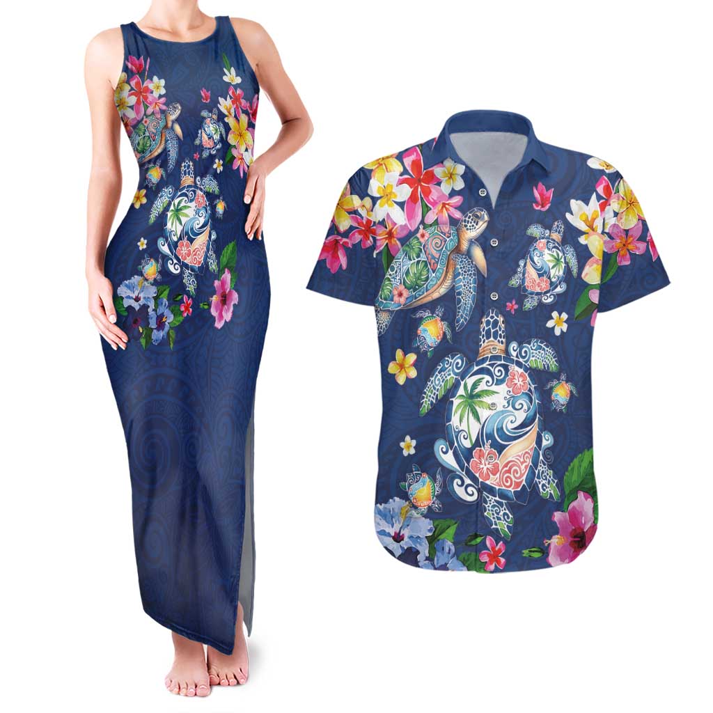 Hawaiian Turtles and Tropical Plants Couples Matching Tank Maxi Dress and Hawaiian Shirt Blue Watercolor