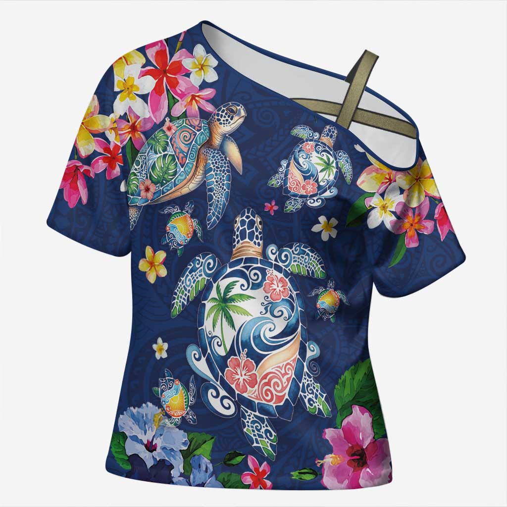 Hawaiian Turtles and Tropical Plants Cross Shoulder Shirt Blue Watercolor LT03 Female Blue - Polynesian Pride