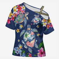 Hawaiian Turtles and Tropical Plants Cross Shoulder Shirt Blue Watercolor LT03 Female Blue - Polynesian Pride