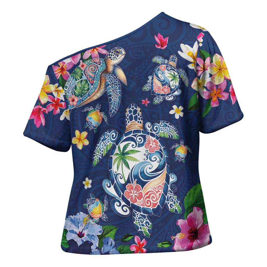 Hawaiian Turtles and Tropical Plants Cross Shoulder Shirt Blue Watercolor LT03 - Polynesian Pride