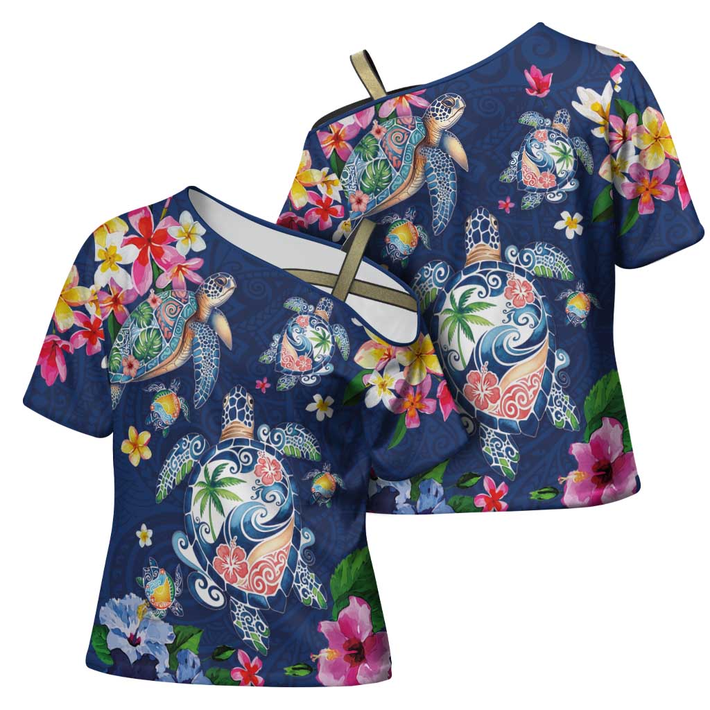 Hawaiian Turtles and Tropical Plants Cross Shoulder Shirt Blue Watercolor LT03 - Polynesian Pride