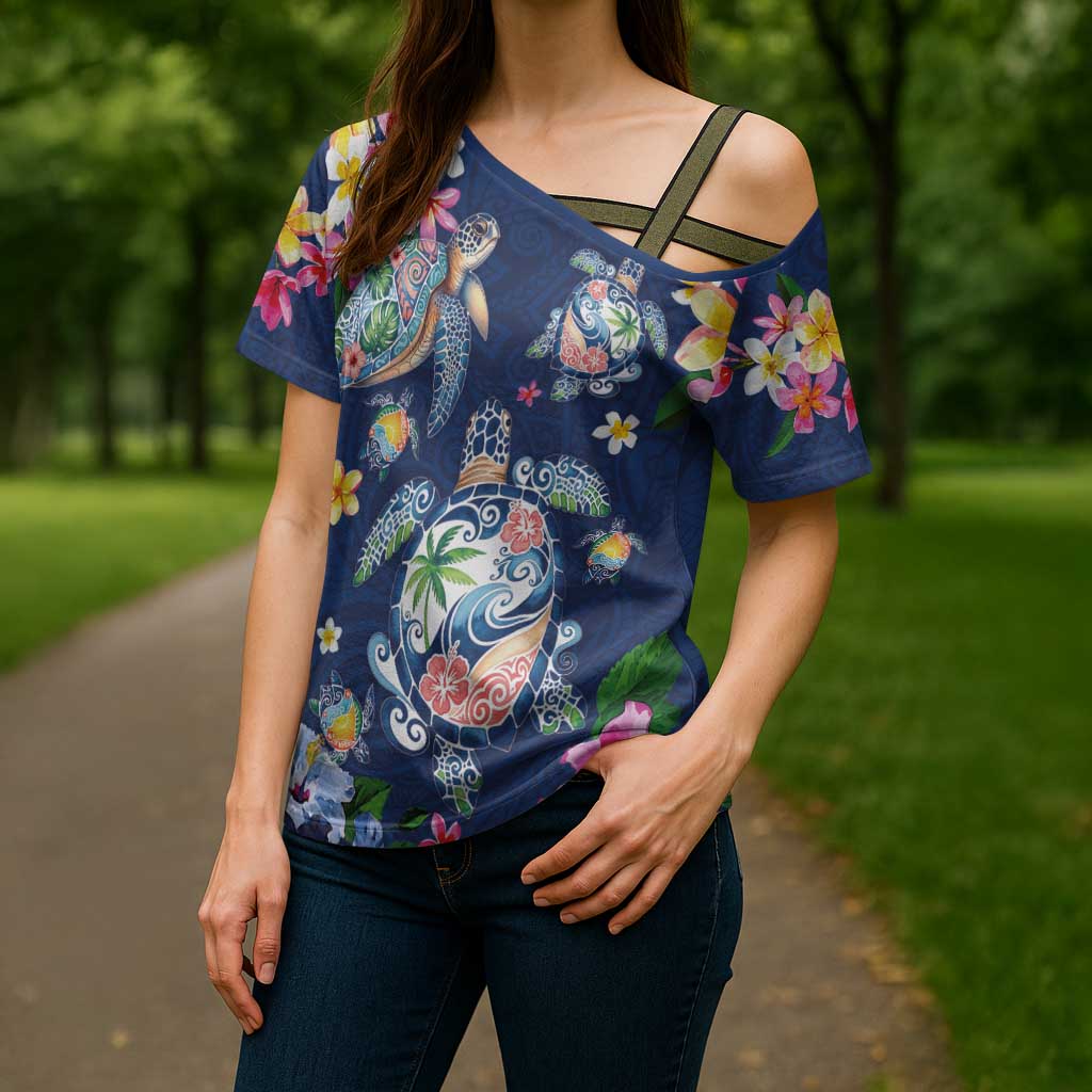 Hawaiian Turtles and Tropical Plants Cross Shoulder Shirt Blue Watercolor LT03 - Polynesian Pride