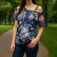 Hawaiian Turtles and Tropical Plants Cross Shoulder Shirt Blue Watercolor LT03 - Polynesian Pride