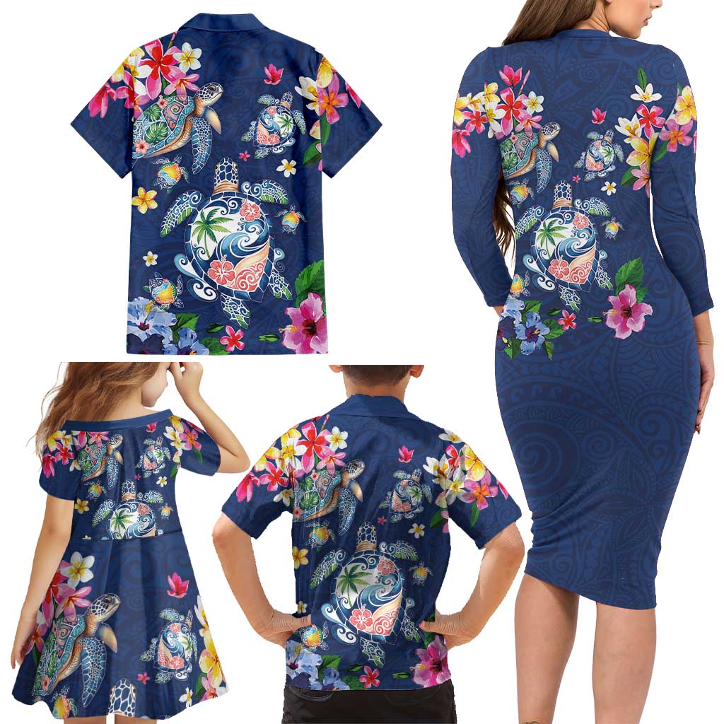 Hawaiian Turtles and Tropical Plants Family Matching Long Sleeve Bodycon Dress and Hawaiian Shirt Blue Watercolor