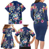 Hawaiian Turtles and Tropical Plants Family Matching Long Sleeve Bodycon Dress and Hawaiian Shirt Blue Watercolor
