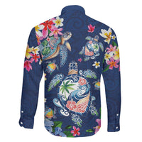 Hawaiian Turtles and Tropical Plants Family Matching Long Sleeve Bodycon Dress and Hawaiian Shirt Blue Watercolor