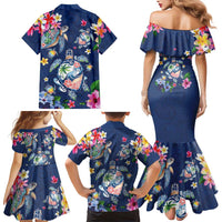 Hawaiian Turtles and Tropical Plants Family Matching Mermaid Dress and Hawaiian Shirt Blue Watercolor