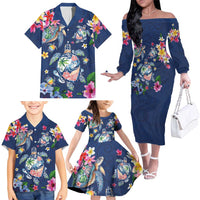 Hawaiian Turtles and Tropical Plants Family Matching Off The Shoulder Long Sleeve Dress and Hawaiian Shirt Blue Watercolor