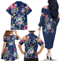 Hawaiian Turtles and Tropical Plants Family Matching Off The Shoulder Long Sleeve Dress and Hawaiian Shirt Blue Watercolor