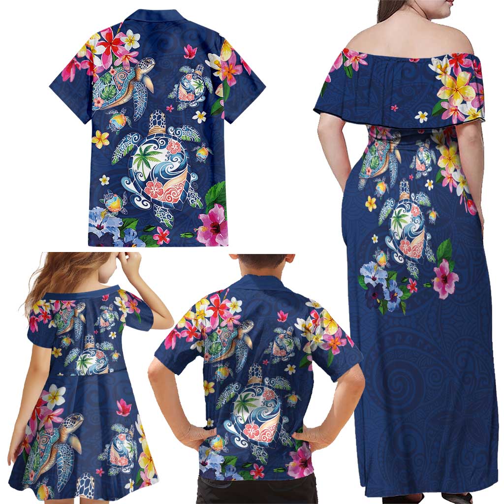 Hawaiian Turtles and Tropical Plants Family Matching Off Shoulder Maxi Dress and Hawaiian Shirt Blue Watercolor