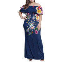 Hawaiian Turtles and Tropical Plants Family Matching Off Shoulder Maxi Dress and Hawaiian Shirt Blue Watercolor