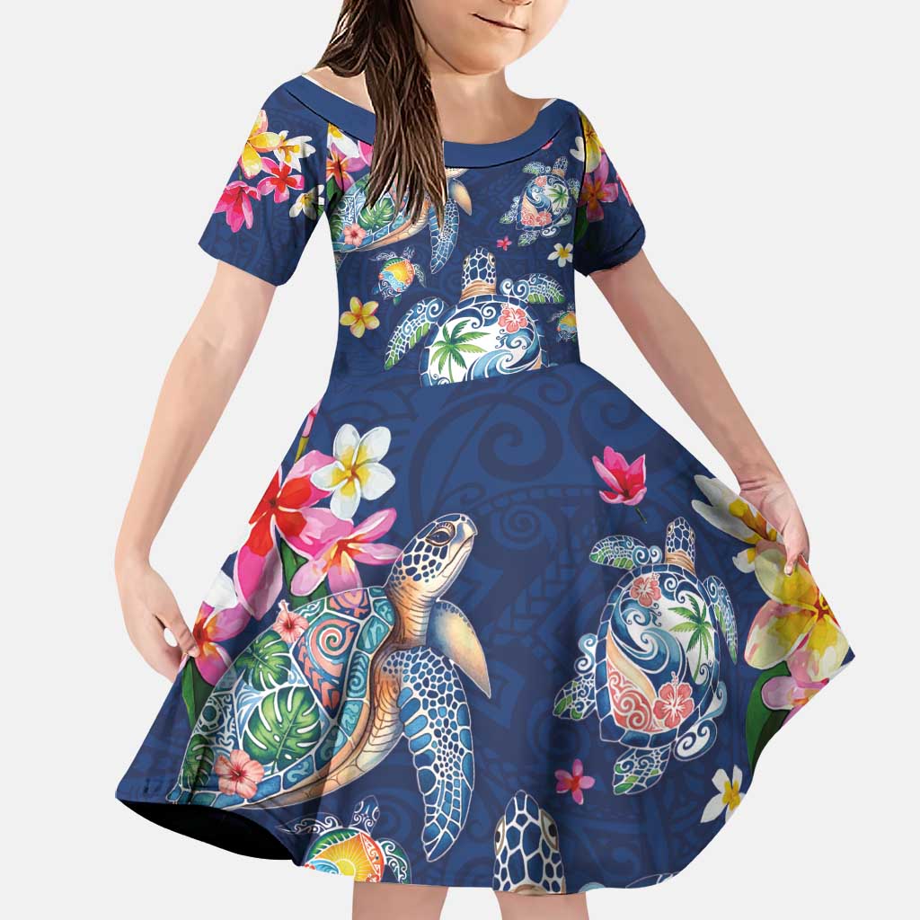 Hawaiian Turtles and Tropical Plants Family Matching Off Shoulder Short Dress and Hawaiian Shirt Blue Watercolor