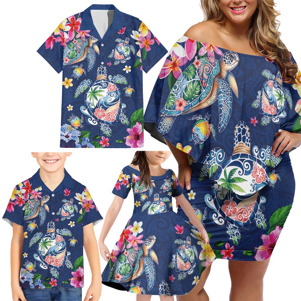 Hawaiian Turtles and Tropical Plants Family Matching Off Shoulder Short Dress and Hawaiian Shirt Blue Watercolor