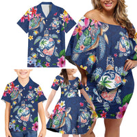 Hawaiian Turtles and Tropical Plants Family Matching Off Shoulder Short Dress and Hawaiian Shirt Blue Watercolor