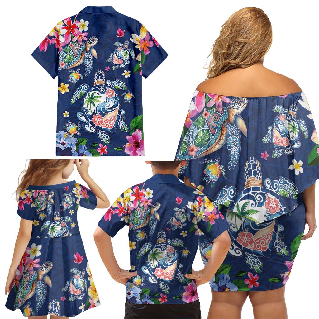 Hawaiian Turtles and Tropical Plants Family Matching Off Shoulder Short Dress and Hawaiian Shirt Blue Watercolor