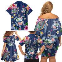 Hawaiian Turtles and Tropical Plants Family Matching Off Shoulder Short Dress and Hawaiian Shirt Blue Watercolor