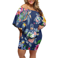 Hawaiian Turtles and Tropical Plants Family Matching Off Shoulder Short Dress and Hawaiian Shirt Blue Watercolor