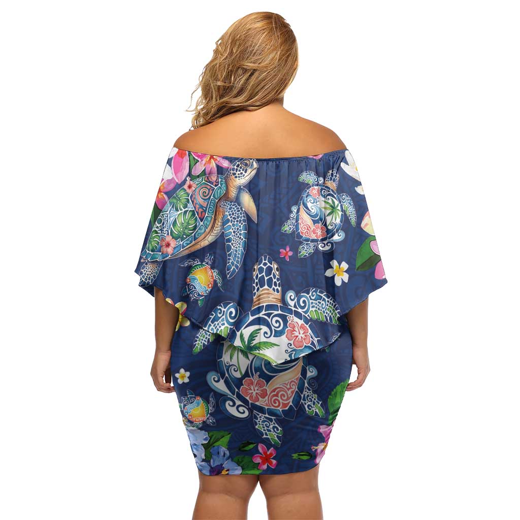 Hawaiian Turtles and Tropical Plants Family Matching Off Shoulder Short Dress and Hawaiian Shirt Blue Watercolor