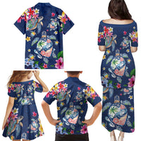Hawaiian Turtles and Tropical Plants Family Matching Puletasi and Hawaiian Shirt Blue Watercolor