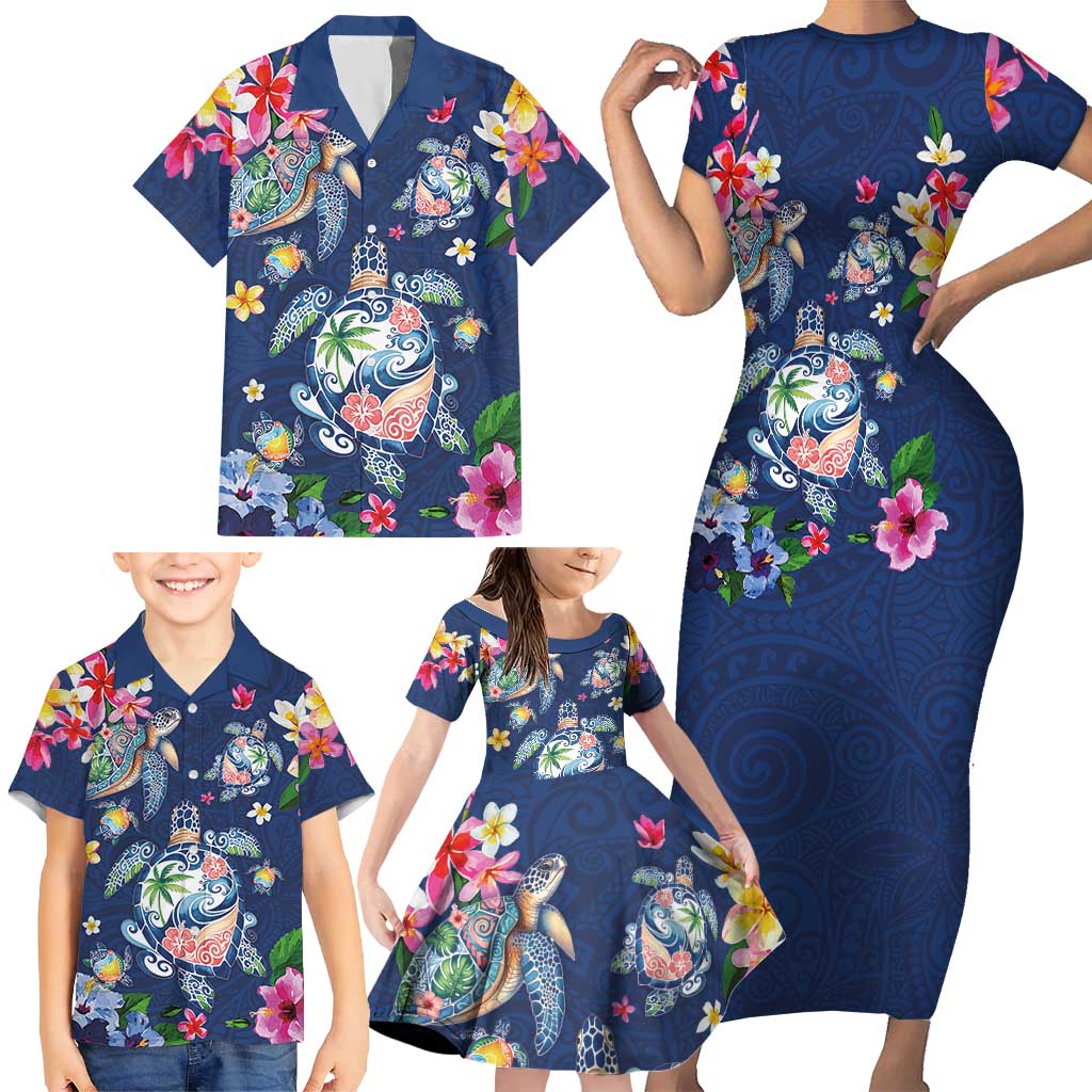 Hawaiian Turtles and Tropical Plants Family Matching Short Sleeve Bodycon Dress and Hawaiian Shirt Blue Watercolor