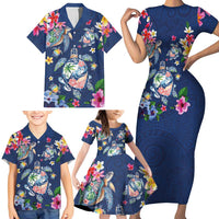 Hawaiian Turtles and Tropical Plants Family Matching Short Sleeve Bodycon Dress and Hawaiian Shirt Blue Watercolor
