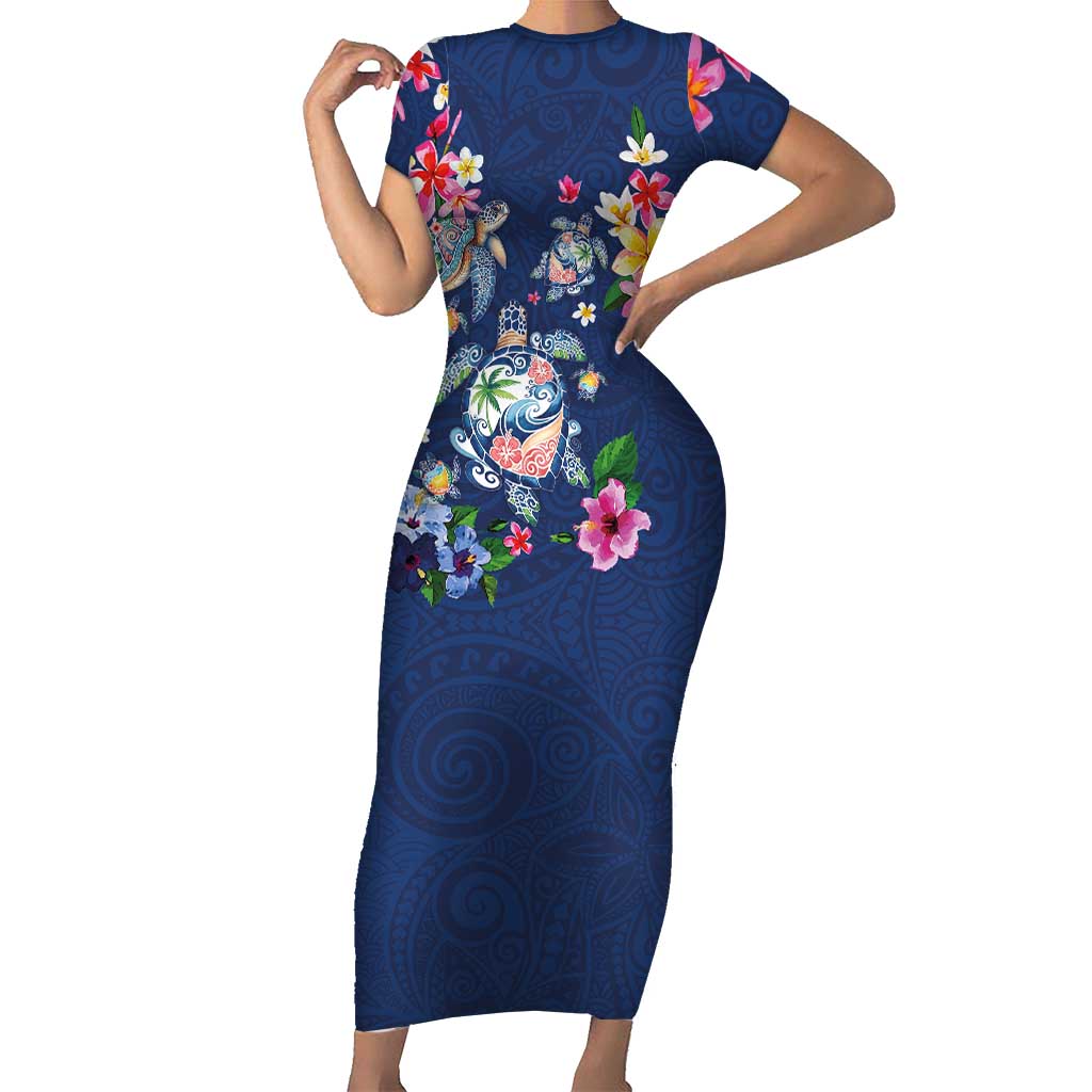 Hawaiian Turtles and Tropical Plants Family Matching Short Sleeve Bodycon Dress and Hawaiian Shirt Blue Watercolor