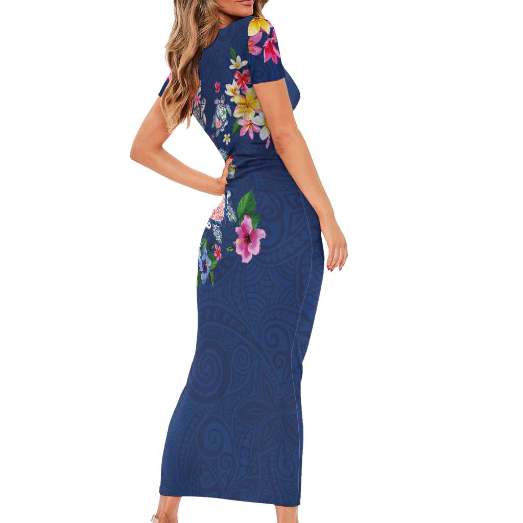 Hawaiian Turtles and Tropical Plants Family Matching Short Sleeve Bodycon Dress and Hawaiian Shirt Blue Watercolor