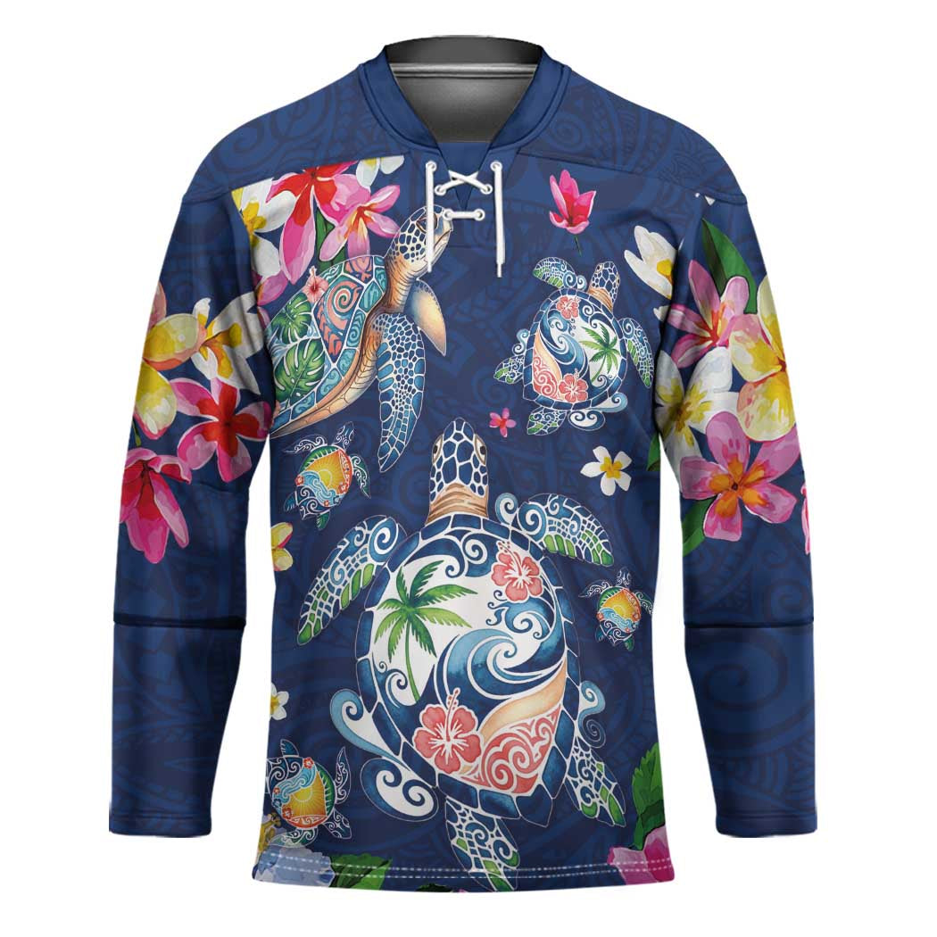 Hawaiian Turtles and Tropical Plants Hockey Jersey Blue Watercolor