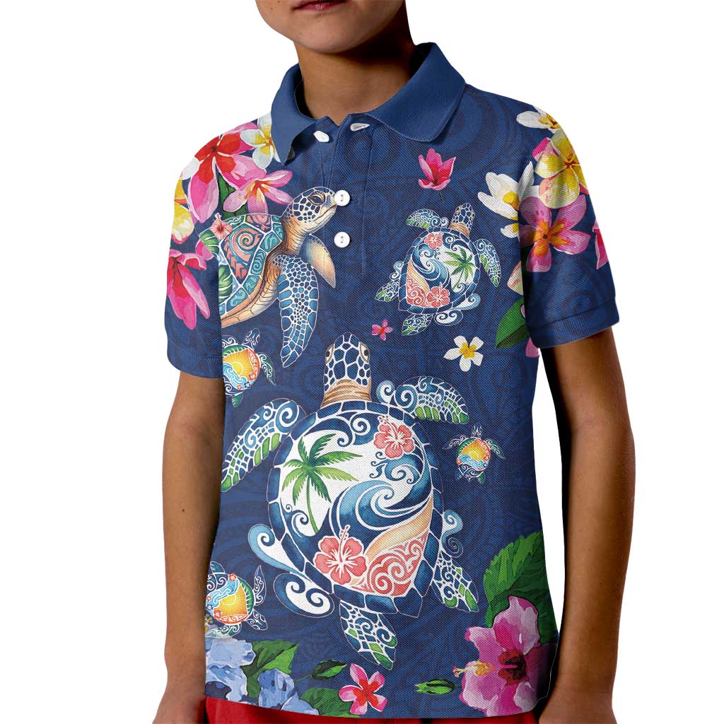 Hawaiian Turtles and Tropical Plants Kid Polo Shirt Blue Watercolor