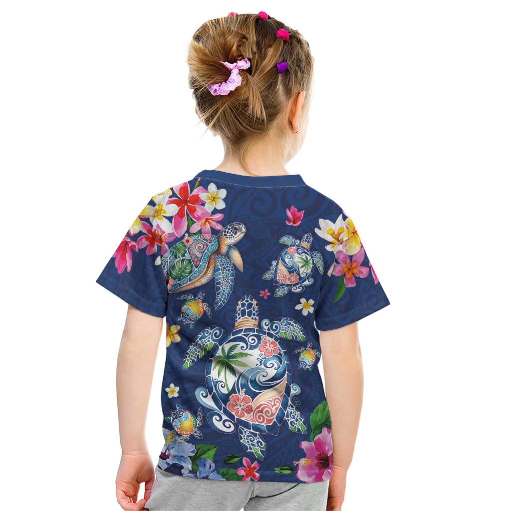 Hawaiian Turtles and Tropical Plants Kid T Shirt Blue Watercolor LT03 - Polynesian Pride