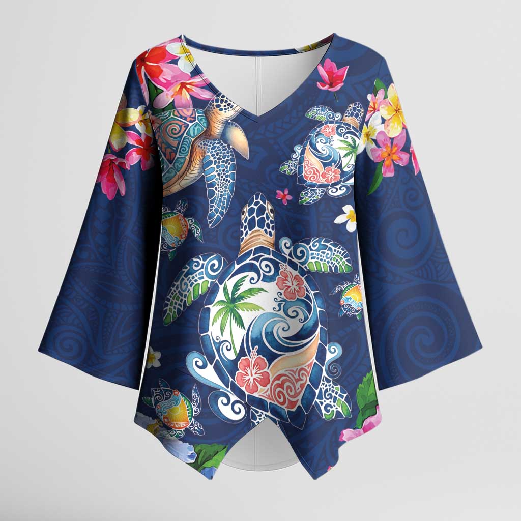 Hawaiian Turtles and Tropical Plants Kimono Sleeve Blouse Blue Watercolor LT03 Female Blue - Polynesian Pride