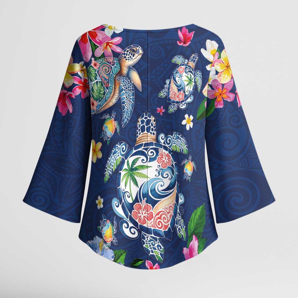 Hawaiian Turtles and Tropical Plants Kimono Sleeve Blouse Blue Watercolor LT03 - Polynesian Pride