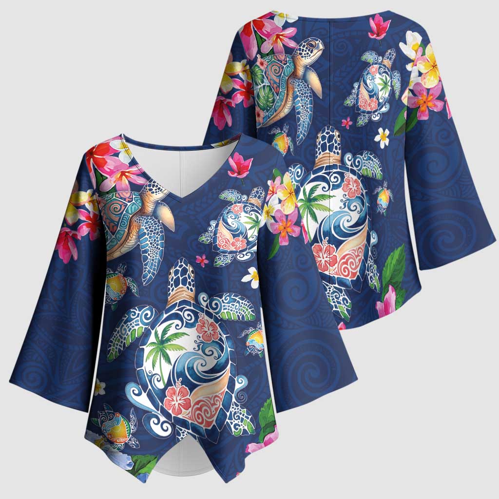 Hawaiian Turtles and Tropical Plants Kimono Sleeve Blouse Blue Watercolor LT03 - Polynesian Pride
