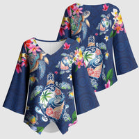 Hawaiian Turtles and Tropical Plants Kimono Sleeve Blouse Blue Watercolor LT03 - Polynesian Pride