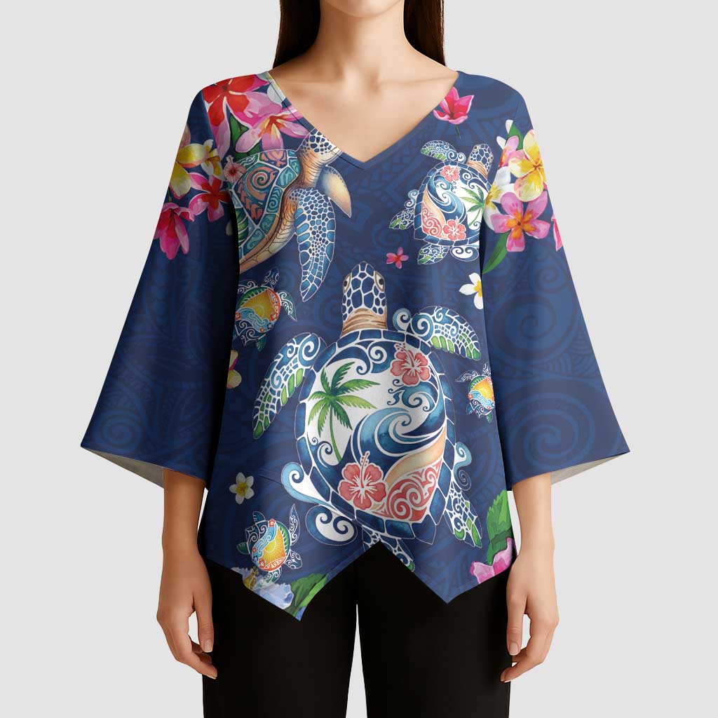Hawaiian Turtles and Tropical Plants Kimono Sleeve Blouse Blue Watercolor LT03 - Polynesian Pride
