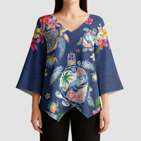 Hawaiian Turtles and Tropical Plants Kimono Sleeve Blouse Blue Watercolor LT03 - Polynesian Pride