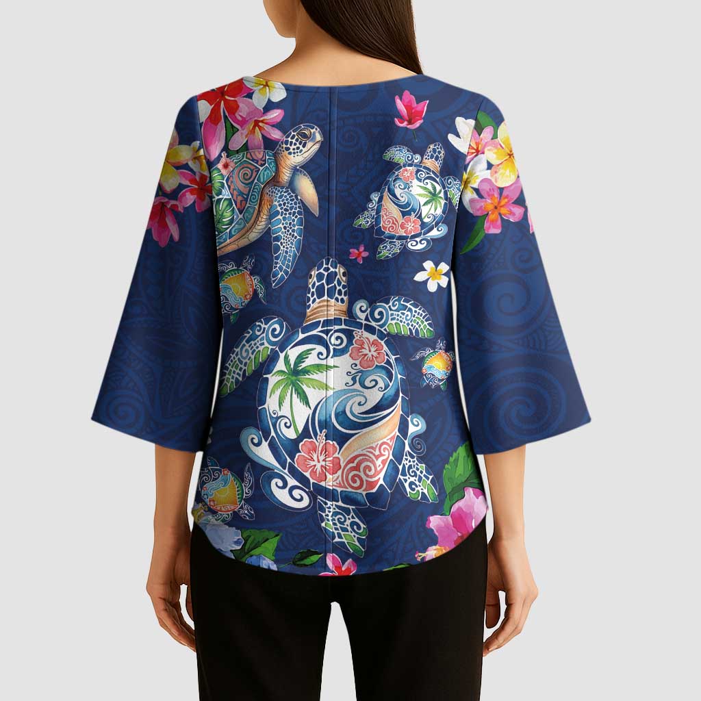 Hawaiian Turtles and Tropical Plants Kimono Sleeve Blouse Blue Watercolor LT03 - Polynesian Pride