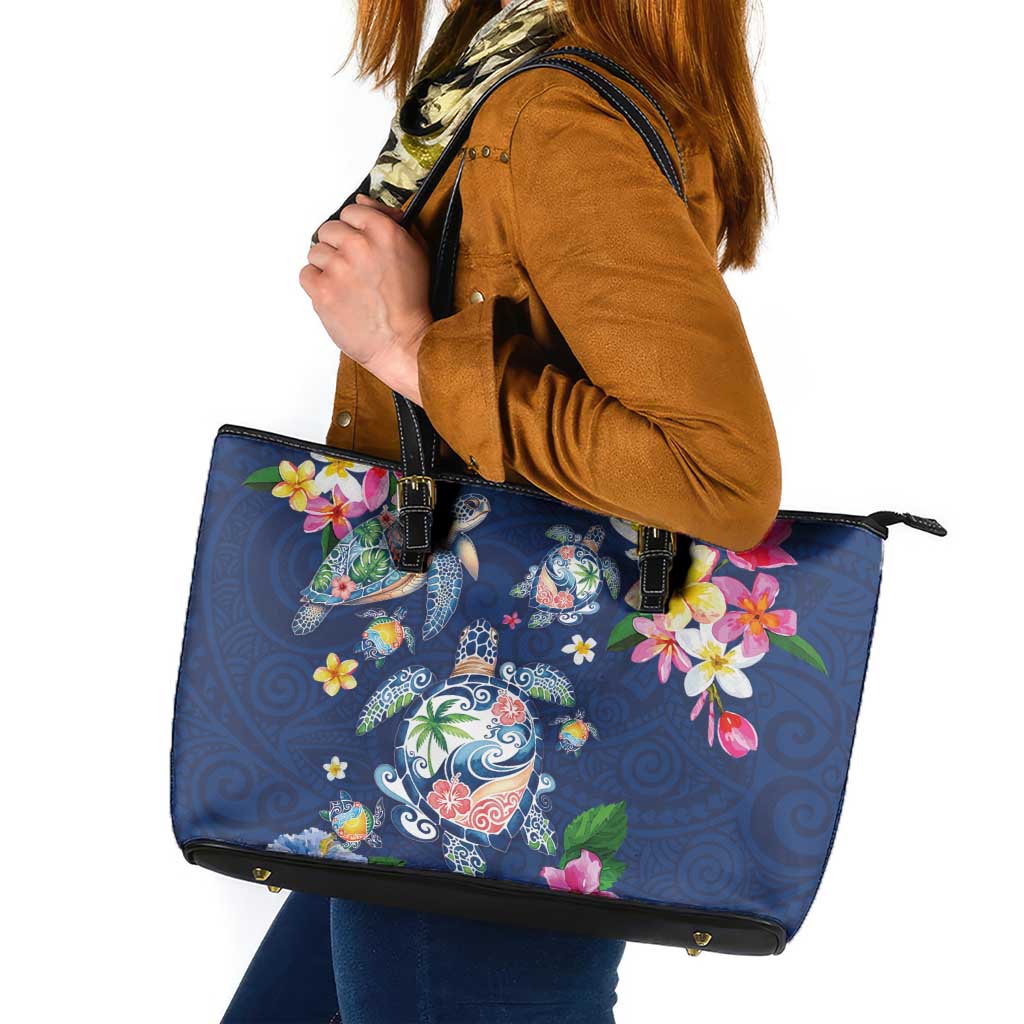 Hawaiian Turtles and Tropical Plants Leather Tote Bag Blue Watercolor