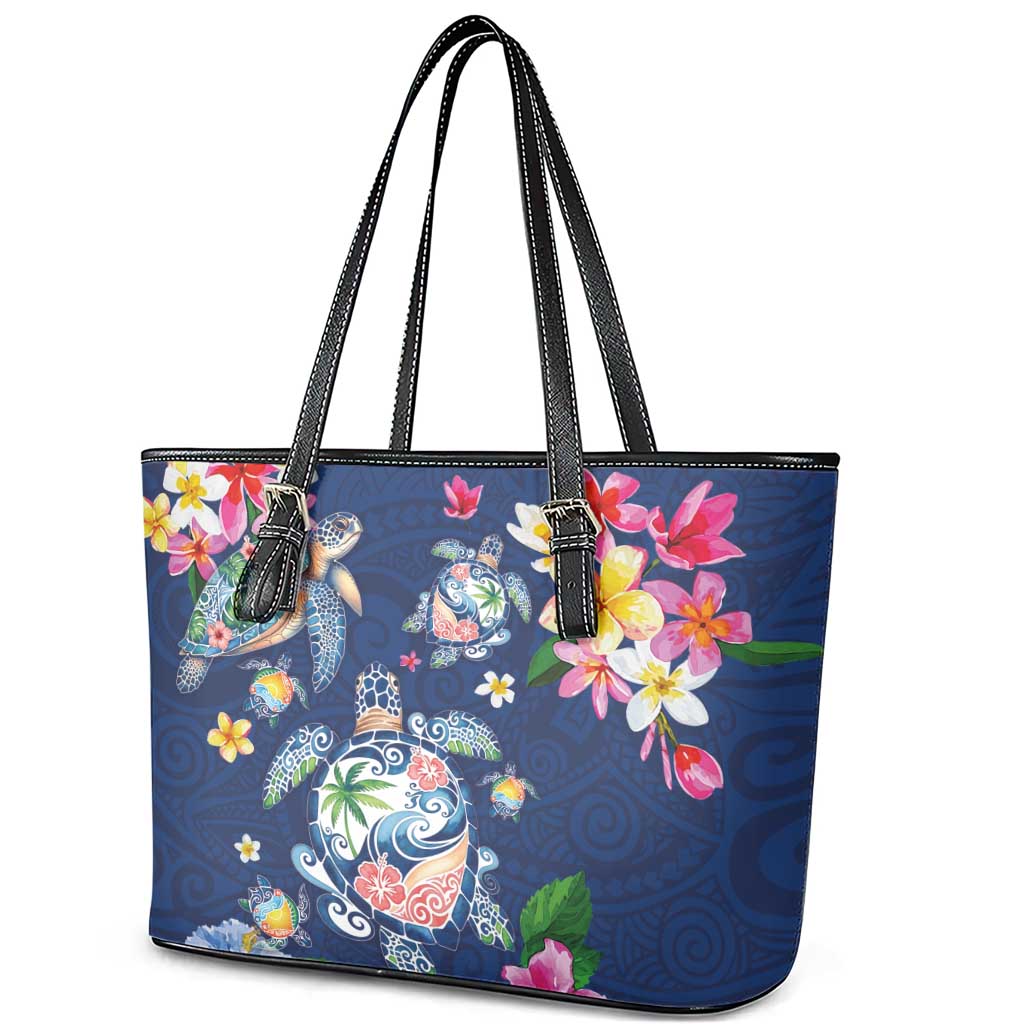 Hawaiian Turtles and Tropical Plants Leather Tote Bag Blue Watercolor