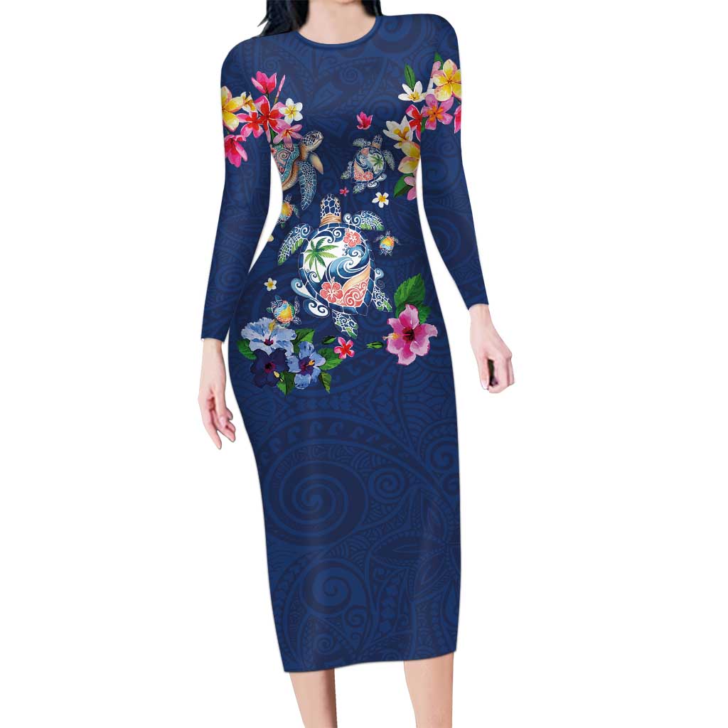 Hawaiian Turtles and Tropical Plants Long Sleeve Bodycon Dress Blue Watercolor