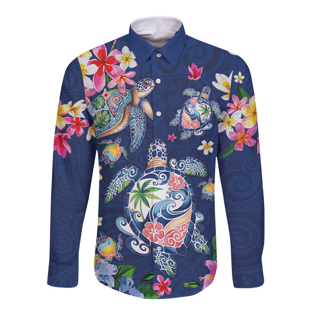 Hawaiian Turtles and Tropical Plants Long Sleeve Button Shirt Blue Watercolor LT03 Unisex Blue - Polynesian Pride