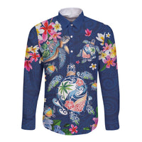 Hawaiian Turtles and Tropical Plants Long Sleeve Button Shirt Blue Watercolor LT03 Unisex Blue - Polynesian Pride