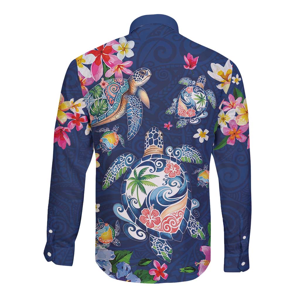 Hawaiian Turtles and Tropical Plants Long Sleeve Button Shirt Blue Watercolor LT03 - Polynesian Pride
