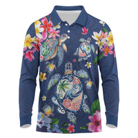 Hawaiian Turtles and Tropical Plants Long Sleeve Polo Shirt Blue Watercolor
